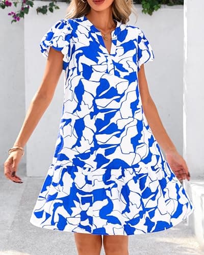 dowerme Womens Summer Dresses 2026 Puffy Sleeve V Neck Loose Floral Print A Line Boho Mini Babydoll Dress with Pockets(Blue,Large) - Thumbnail 3