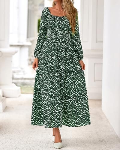 BTFBM Long Sleeve Dress for Women 2026 Spring Fall Boho Floral Square Neck Casual Flowy Long Wedding Guest Maxi Dresses(Polka Dot Green, Large) - Thumbnail 3