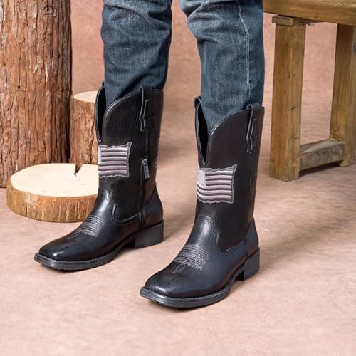 Jousen Cowboy Boots for Men with Flag Embroidery Square Toe Boots for Men Classic (AMY8423 black 11) - Thumbnail 6