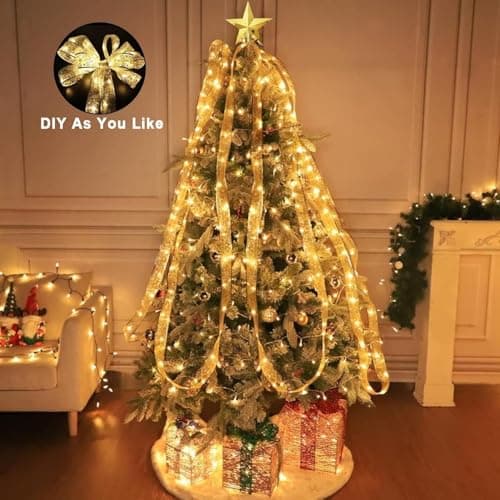 YUNGSUN Gold Christmas Tree Decorations Ribbon Lights, 64ft 200 LED String Lights, Battery-Powered Copper Wire Ribbon Lights for Holiday Party Weddings Indoor Christmas Tree Decorations - Thumbnail 6