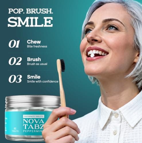 NovaTabz Nano-Hydroxyapatite (n-Ha) Toothpaste Tablets – Fluoride-Free, SLS-Free, Plastic-Free – Peppermint Chewable Tabs, Enamel Care, Gentle for Sensitive Mouths – Vegan, 62 Count - Thumbnail 3