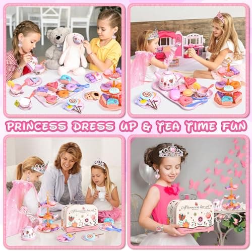 Tea Party Set for Little Girls, 63Pcs Pretend Play Toys, Princess Dress Up Tea Time, Tin Tea Sets for Toddlers 3-5 6 with Dessert, Carrying Case, Kids Kitchen Playset, Birthday Gift for Toddler Girls - Thumbnail 2