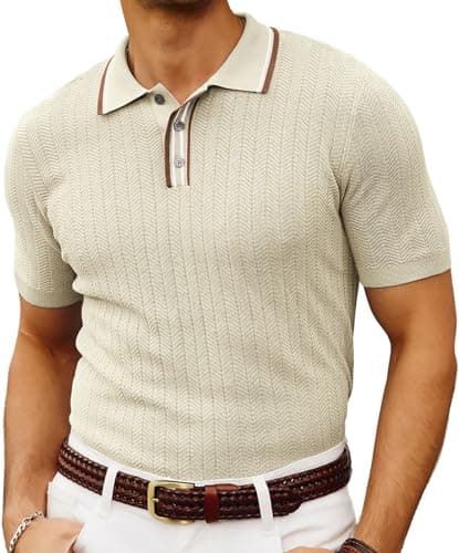 PJ PAUL JONES Men's Knitted Polo Shirts Casual Lapel Collared Button Up Golf Polo Tee Shirts Clothes for Men Summer Beige M - Image 1