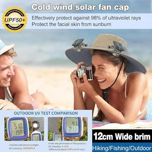 Outdoor Wide Brim Sun Hat with 2 Solar Powered Fan, Bucket Hat for Men Women, Fishing, Gardening & Beach Hat for Men, USB Charging, UPF 50+ Khaki - Thumbnail 5