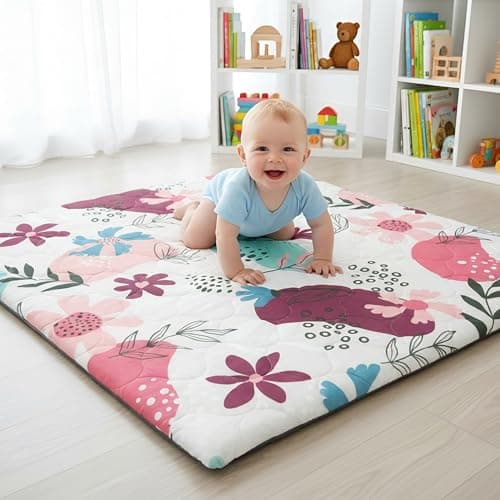 PaPaMat 1.5" Thick Foam Play Mat 50x50 Removable & Machine Washable Cover Baby Play Mat for Floor, Softness Easy Clean Hygienic Comfort Safety Kids Non-Slip Crawling Living Room (Floral) - Image 1