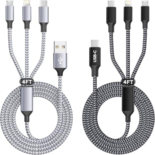 USB A Multi Charging Cable(Gray_White) + USB C 3 in 1 Charging Cable(Gray_Black), Nylon Braided Universal Chargers for Multiple Devices, Phone Charger Cord with Type C, Micro USB, IP Ports (2Pack 4FT)