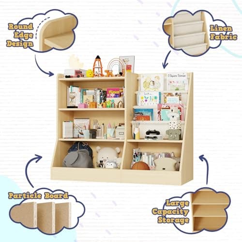 IKALIFE 39" Large Kids Wooden Bookshelf and Toy Storage Organizer, Baby Bookcase with Sling Book Rack, Children Toddler Wooden Book Shelf for kids rooms, Playroom, Classroom, Nursery, School (Natural) - Thumbnail 3