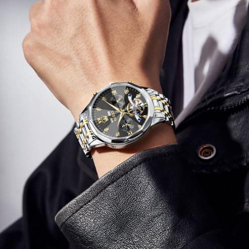 OLEVS Automatic Watches for Men Black Luxury Sliver and Gold Mechanical Waterproof Men Wrist Watch Fashion Self Winding Mens Watches Two Tone Stainless Steel No Battery Watch Reloj para Hombre - Thumbnail 4