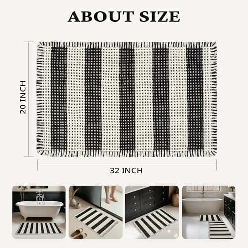 MatEssenz Machine Washable Nonslip Bathroom Rugs Quick Drying Water Absorbing Small Bath Mat for Bathroom Floor,20" x 32", Shower Accessories, Black and White Stripes - Thumbnail 2