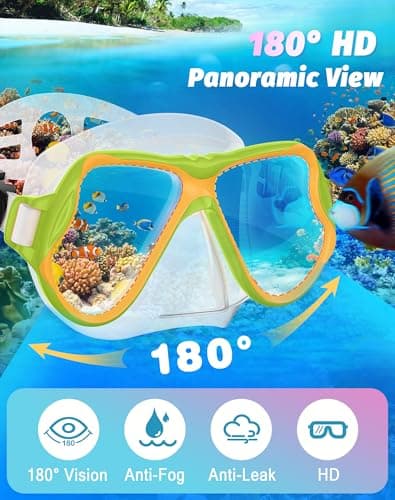 Greatever Snorkeling Gear for Kids, Dry Snorkel Set Panoramic View Snorkel Mask, Anti-Fog Scuba Diving Mask for Kids Youth Age 6-14, Unisex Swimming Goggles (Green Orange) - Thumbnail 2