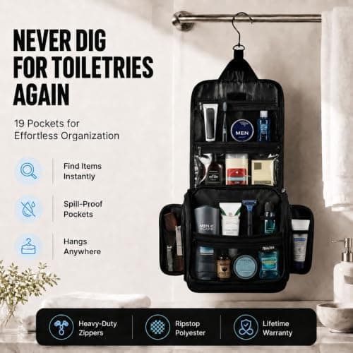 Travel Toiletry Bag for Men and Women - (10.6”x10.6”x3.2”) Large Hanging Toiletry Organizer - Waterproof Hygiene Bag with Metal XXL Swivel Hook, with Sturdy Zippers and 19 Compartments for Toiletries - Thumbnail 2