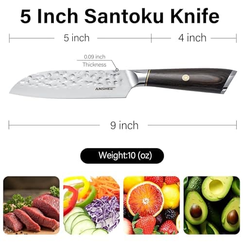 anshee 5 Inch Japanese Santoku Knife & Paring Knife - Hammered Anti-Stick High Carbon Steel Chef Knives, Ergonomic Handle for Fruits/Tomatoes/Meat with Sheath & Gift Box (Home & Professional Chefs) - Thumbnail 3