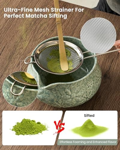 Matcha Whisk Set-7-Piece Ceramic Matcha Kit for Matcha Lovers,Includes 18 oz Matcha Bowl,Bamboo Matcha Whisk & Holder,Bamboo Scoop,Scoop Rest,Sifter,and Tea Towel(Blue) - Thumbnail 4