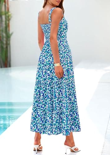 PRETTYGARDEN Womens 2026 Summer Dresses Fashion Clothing Floral Maxi Dress Ruffle Long Flowy Boho Beach Vacation Sundresses (Blue Floral,Small) - Thumbnail 2