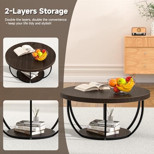 TEROL Round Coffee Table, 31" Coffee Table for Living Room Decor, 2-Tier Storage with Steel Frame, Space-Saving Wood Center Table, Modern Style Easy Assembly (Dark Coffee) - Thumbnail 6