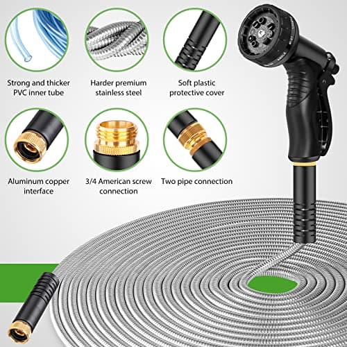 Garden Hose Metal 100FT, Stainless Steel Heavy Duty Water Hose With 10 Function Nozzle, No-Kink, Tough & Flexible, Sturdy and Lightweight, Rust Proof for Yard, Outdoor, RV - Thumbnail 2