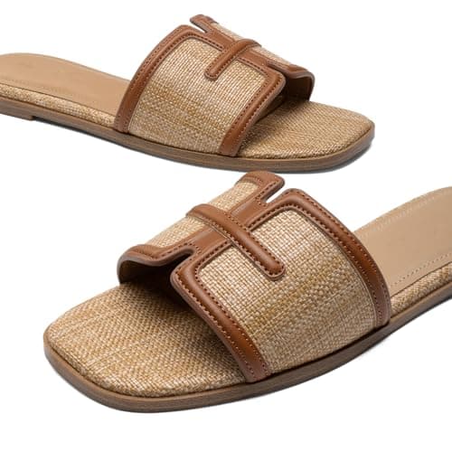 Athlefit Brown Flat Sandals for Women Raffia Comfortable Square Open Toe Slip On Beach Casual Slide Sandals Size 6.5 - Thumbnail 6