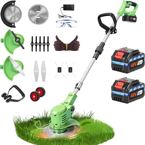 20,000RPM Electric Weed Wacker with Wheel,700W Cordless Weed Eater, Battery Powered, 4-in-1 String Trimmer,Brush Cutter/Grass Trimmer/Lawn Mower/Lawn Edger with 3 Type Blades for Garden Yard - Image 1