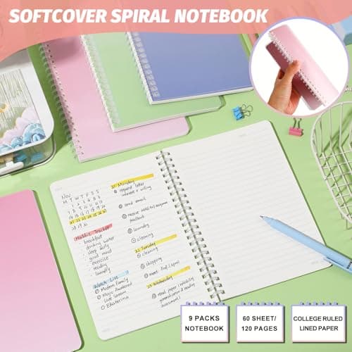 Niodel 9 Pcs Spiral Notebooks, 3 Gradient Colors (Pink/Green/Blue), A5 7mm College Ruled 120 Pages Journals for School Work Travel, Durable PP Cover with Soft Silicone Coil & Rounded Edges - Thumbnail 4