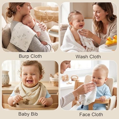 LIAORATELUO Muslin Burp Cloths 3-Pack, Large 20" x 10", 100% Cotton, Ultra-Absorbent for Newborns, Cute Neutral Prints, Multi-Use as Wash Cloths, Face Cloths & Baby Bibs - Thumbnail 2