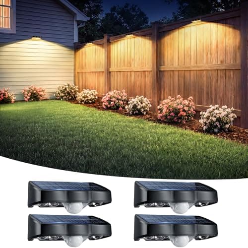 nibuuecer Solar Fence Lights Outdoor with Motion Sensor, 4 Pack Warm White Fence Lights Solar Powered 3 Modes IP65 Waterproof Dusk to Dawn Outdoor Lights for Patio Deck Wall Backyard Garden Decorative