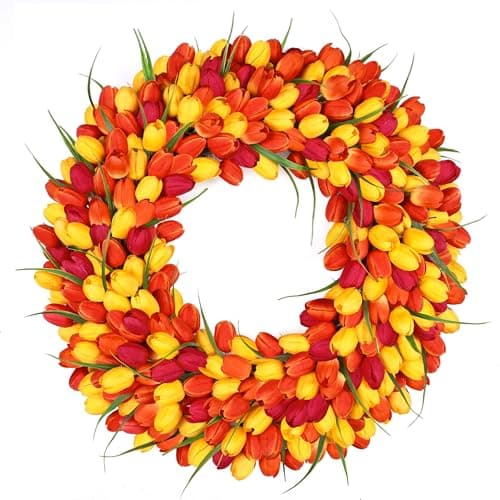 Tulip Wreath Spring Wreaths for Front Door Zmtyykh Artificial Floral Door Wreath for Valentine’s Day Easter Summer Decor for Outdoor Indoor Window Wall Front Porch Farmhouse Home 22" Red Orange Yellow - Image 1