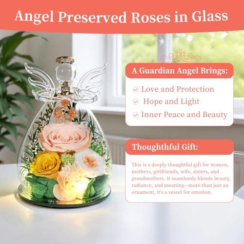 Puppiluv Preserved Rose Gifts for Women, Forever Flowers Eternal Roses in Glass Angel Figurines, Fresh Flowers for Delivery Prime, Birthday Gifts for Mom Her Wife Grandma on Anniversary, Champagne - Thumbnail 4
