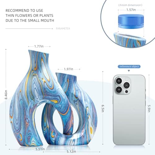Blue Ceramic Flower Vase Set of 2, Unique Modern Decor by TZIZO - Thumbnail 3