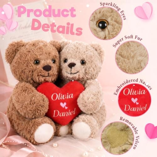 MYPHNEX Personalized Kissy Teddy Bear Stuffed Animal, Custom Bear with Embroidered Name, Toys for Wedding Couples Girlfriend Kids, Customized Anniversary Birthday Gift for Her & Him (Couple Bear) - Thumbnail 5