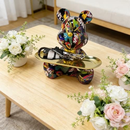 Coniuty Hypebeast Graffiti Bear Sculpture with Tray for Candy and Accessory, Resin Animal Statue Home Decor for Living Room, Office on Table, Shelf and Cabinet (B) - Thumbnail 4