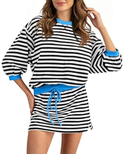 Wenrine Womens 2 Piece Striped Mini Skirt and Sweatshirt Set Long Sleeve Oversized Matching Skort Sets Casual Summer Outfits - Image 1