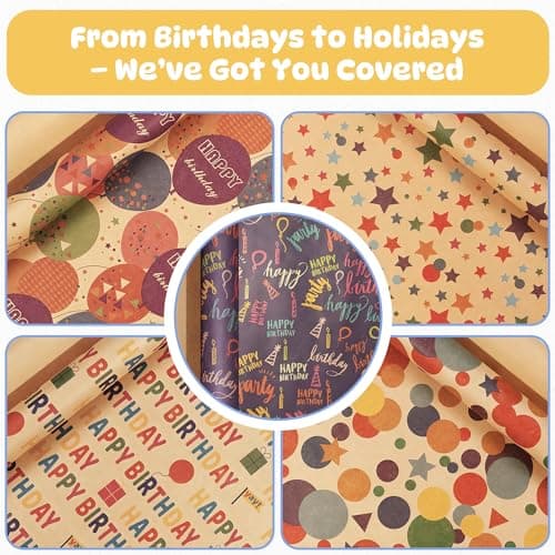 Homelyhi 5 Rolls Birthday Wrapping Paper, Five Cartoon Kraft Gift Wrap for Birthday Party Holiday Baby Shower, Recyclable Wrapping Paper Girl Boy Kids Adult, 17 Inch x 9.8 Feet - Thumbnail 4