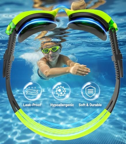 HIGAHY Swim Goggles for Kids 6-14, Anti-Fog UV Protection Clear Swimming Goggles, Leakproof Pool Swim Goggles for Boys Girls (Blackgreen - Green Lens) - Thumbnail 3