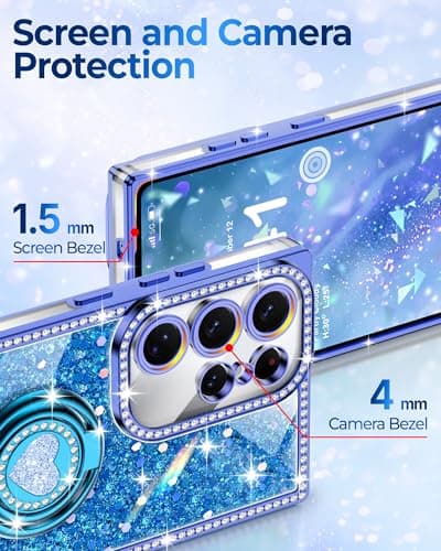 XYZ for Galaxy S25 Ultra Case, Glitter Bling Phone Cover with 2-Ring Heart Stand & Lanyard, Women Girls Luxury Rhinestone Shockproof Protective Case para Samsung S25 Ultra, Blue - Thumbnail 4