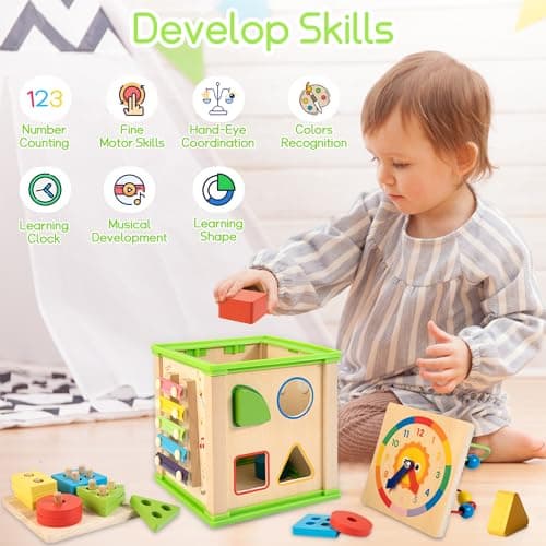 WOODMAM Wooden 7-in-1 Activity Cube| Montessori Toys for 1 Year Old Toddlers| Baby Educational Developmental Toys |One Year Old Boys Girls First Birthday Gifts |Bonus Sorting & Stacking Board - Thumbnail 5