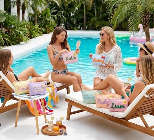 NYLGOXITK Personalized striped makeup bag, portable toiletry bag perfect for beach and villa pool vacations. Custom storage cosmetic bag for ladies daily use, ideal travel gift. - Thumbnail 3