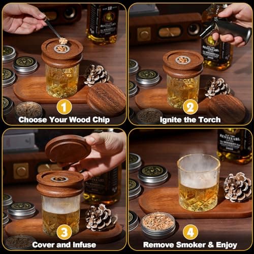 Whiskey Smoker Kit with Torch - 6 Natural Wood Chips, 2 Glasses, 2 Ice Ball Molds - Cocktail Smoker Infuser Kit, Old Fashioned Smoker Kit, Birthday Bourbon Whiskey Gifts for Men, Dad(No Butane) - Thumbnail 6