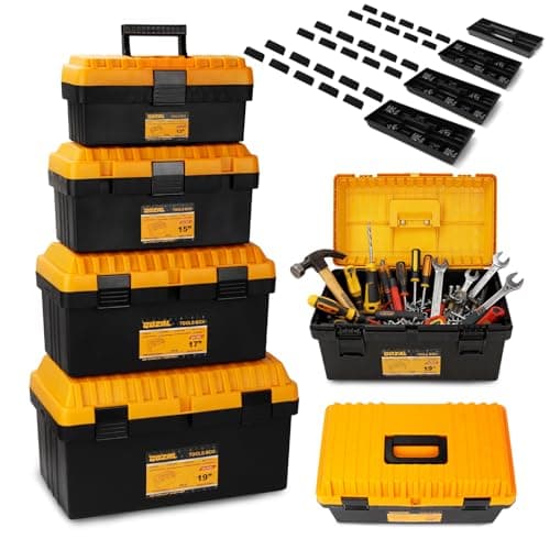4 Pack Tool Box Heavy Duty Plastic Toolbox with Removable Trays & Dividers,Professional Lockable Portable Storage Box 13"15"17"19"Organizers for Garage Workshop Jobsite Home Hand Power Craft Tools