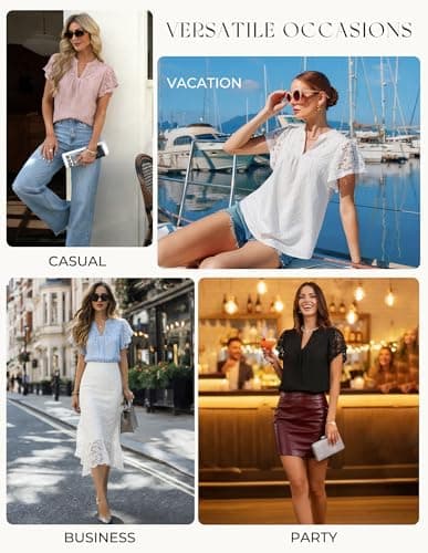 GRACE KARIN Womens Lace Short Sleeve Tops Summer Dressy Casual Cotton Blouses Flowy V Neck Dress Shirts Trendy Clothing 2026, Purple, Medium - Thumbnail 5