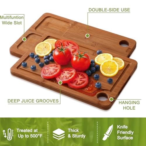 Homaxy Bamboo Cutting Board for Kitchen Set of 3, Wooden Cutting Boards with Non-Slip Mat Deep Juice Groove and Built-In Handles, Wood Chopping Board Set for Meat Fruits & Vegetables - Thumbnail 5