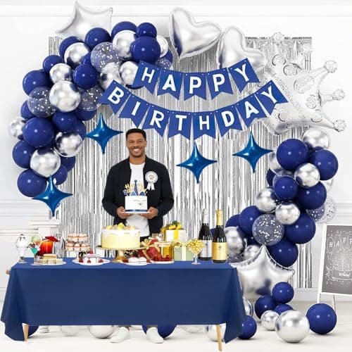 Navy Blue Birthday Party Decorations Set – 92Pcs Set with Banner, Star Garland, Crown, Heart & Star Foil Balloons, Fringe Curtain, Cake Topper, Tablecloth, Latex & Confetti Balloons for Men & Women - Thumbnail 5