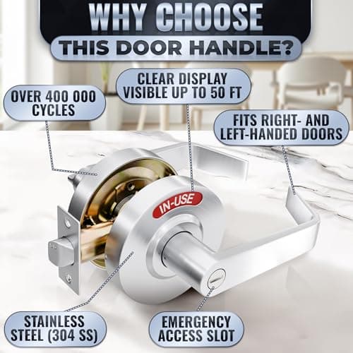 Commercial Door Handle With Lock – Vacant Occupied Bathroom Lock | 304 Stainless Steel, Visible From 50 Ft, Quick Install, L/R, for 1 3/8”–2” Doors | for Public Bathroom & Industrial Buildings - Thumbnail 4