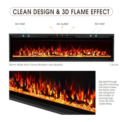 60 Inch Ultra-Narrow Bezel Electric Fireplace,Log & Crystal,Recessed/Wall Mounted,Dual Control,Remote & Touch,750/1500W Heater,Timer,4-Color Flames/Embers & 3-Color Top Lights. - Thumbnail 6