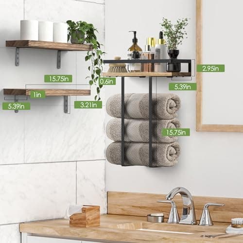 QHMCHLDZ Towel Racks for Bathroom-Wall Mounted Floating Shelves for Wall Bathroom Bedroom Kitchen Living Room, Hanging Book Shelves Decor Bathroom Organizer, 16 inch Solid Wood, Carbonized Wood Color - Thumbnail 2