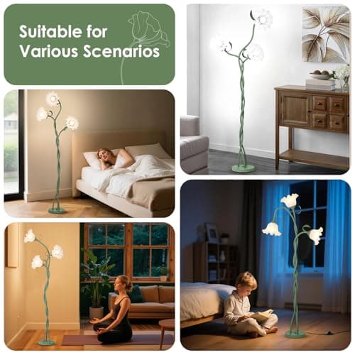 FUNNYBEHOM Floor Lamp for Living Room, 3 Lights Green Flower Lamp, Modern Tall Standing Lamp with 3 Color Temperatures Flexible Gooseneck, Mid Century Vintage Tree Floor Lamp for Bedroom Office - Thumbnail 6