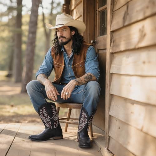 Tarkwa Cowboy Boots for Men, Western Men's Boots, Slip on Square Toe Boots, Slip Resistant Country Boots, Chunky Heel Ankle, Durable Short Boots for Spring Fall, Black Szie 9.5 - Thumbnail 3