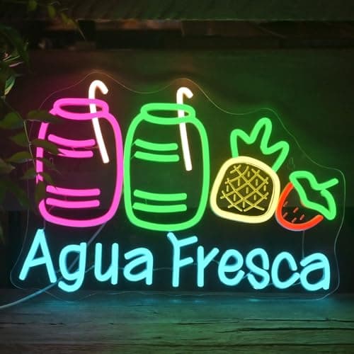 Agua Fresca Neon Signs for Wall Decor Dimmable Colorful LED Light with Fruits and Straw USB Powered Fun Signs for Latin Restaurants Store Food Stalls Cafes Bars Kitchens