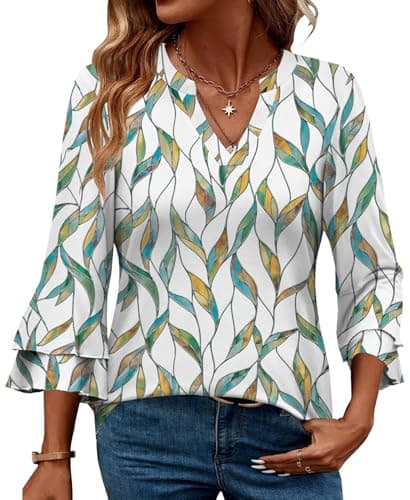 IEEILULU 3/4 Length Sleeve Womens Tops V Neck Tunics Ruffle Sleeve Tops Blouses for Women Dressy Casual (US, Alpha, Large, Regular, Regular, Green Leaf) - Image 1