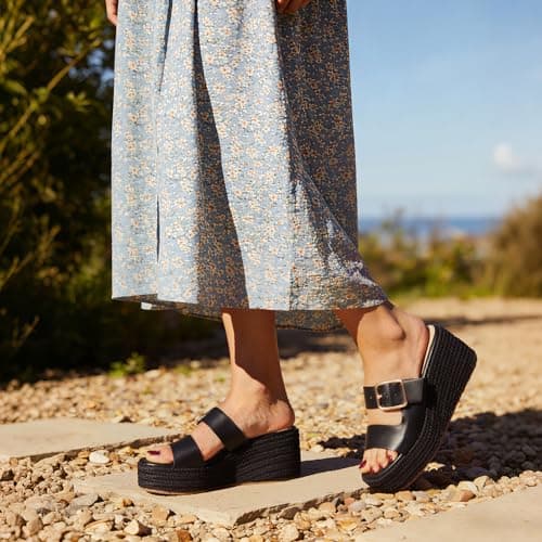 Tarkwa Platform Wedges Sandals for Women Summer Slip on Espadrille Flatform Slides Open Toe Adjustable Buckle Bohemia Beach Raffia Beach Sandals Black Size 9.5 - Thumbnail 5