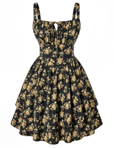 Scarlet Darkness Floral Mini Corset Dress for Women Teen 2026 Summer Spring Flowy A-Line Sundress with Pockets Black Orange Bloom L - Image 1